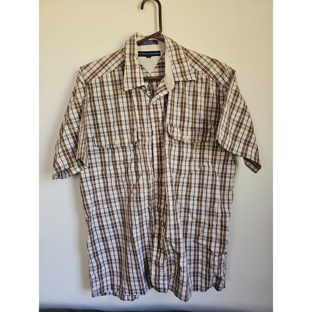 Tommy Hilfiger Shirt Mens Medium Brown Beige Button Up Short Sleeve Plaid Preppy